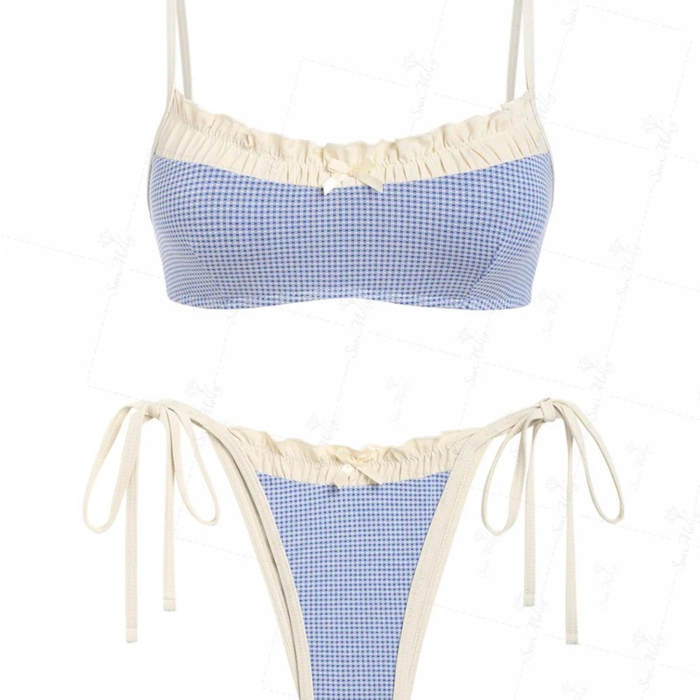NWT Ruffle Trim Gingham Tie-Side Bikini Bottoms & Top - Blue/White - Picture 2 of 3